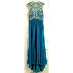 Vtg Ball Gown Dress 8 Turquoise Beaded Sequin Maxi Regency Prom Formal Princess